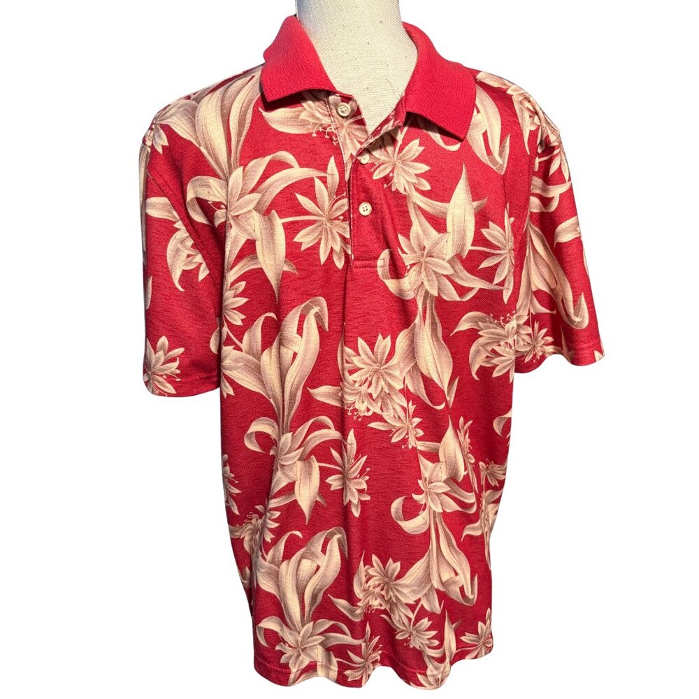 Bahama Bay Club Red Hawaiian Floral Polo Shirt Mens Medium